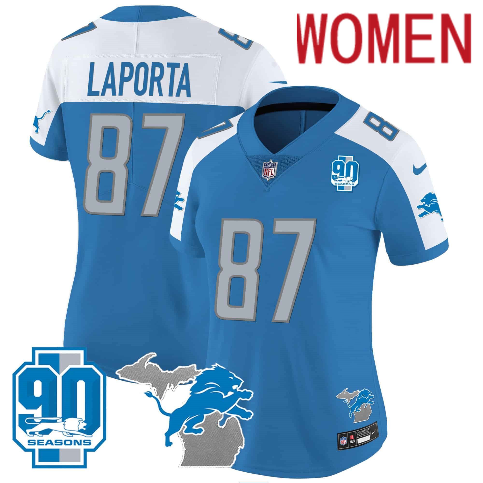 Women Detroit Lions 87 Laporta Blue 2024 Nike 90th Year Michigan Patch Vapor NFL Jersey